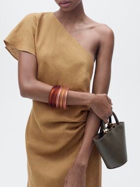 MANGO Linen Dress Womens Size 2 US Midi Asymmetric One Shoulder Brown NWT